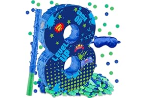 LCOOR Video Game 8th Birthday Decorations, Video Game Number 8 Piñata with Blindfold Stick and Confetti for Level Up Sandbox Game Level 8 Birthday Party Supplies (8th)