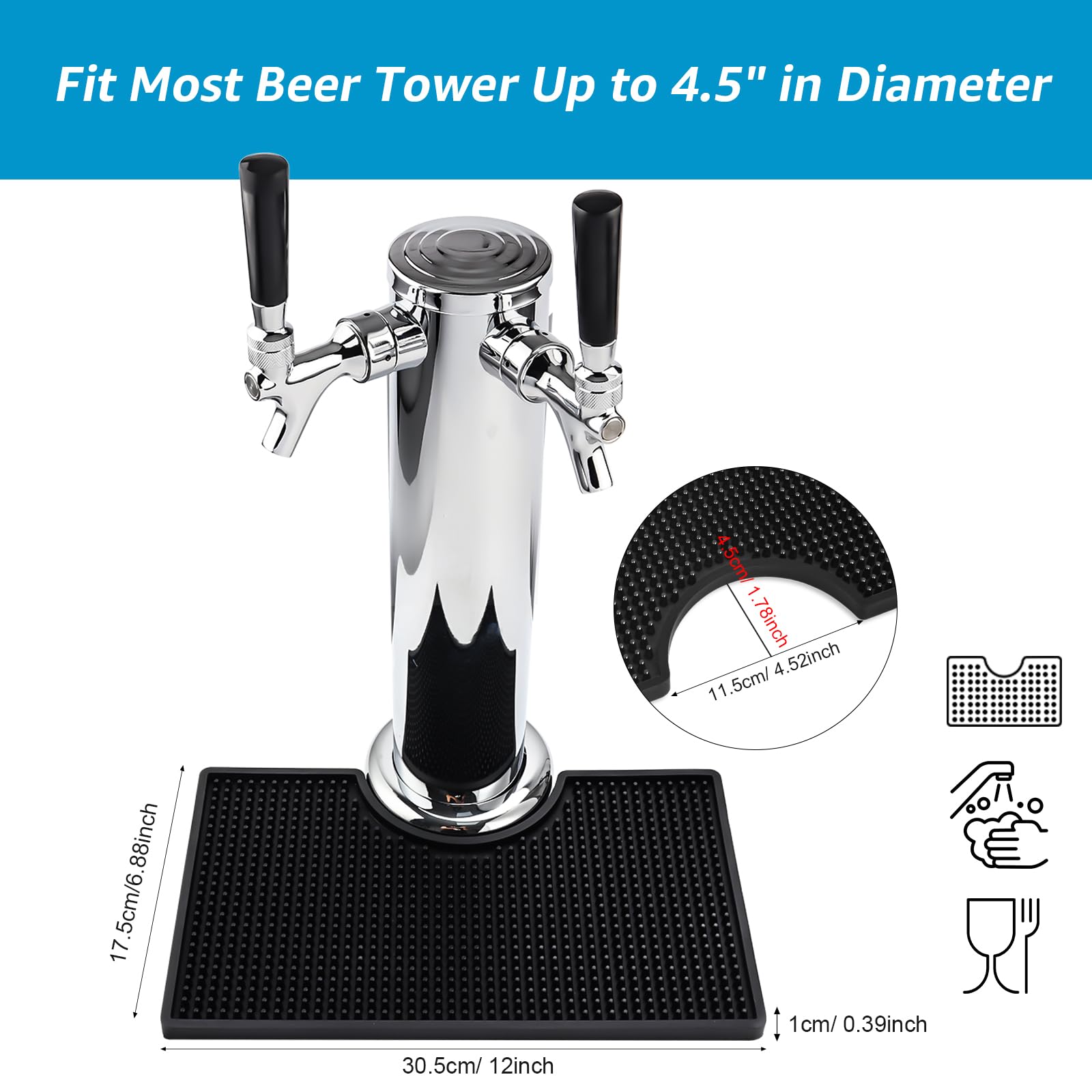 Kegerator Bar Mat PVC Keg Drip Mat Kegerator Tower Beer Drip Tray Non-Slip Rubber Kegerator Drip Tray Kegerator Surface Mount Beverage Bar Drip Tray with 4.5'' Draft Beer Tower Flange Cutout