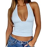 TiulZial Womens Backless Halter Tops Deep V Neck Sexy Crop Tank Top Open Back Sleeveless Slim Fit Y2k Summer Tops
