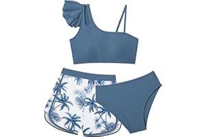 Doumlop Girls Swimsuit Bikini Set 3 Piece Ruffled Bathing Suit for Girls, Tropical Girls' Swimwear with Shorts Size 7-16