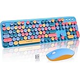 Cute Retro Wireless Keyboard and Mouse Combo, Colorful Typewriter Keyboard with Round Keycaps, 2.4GHz Multi-Color Hybrid Bubble Keyboard for Women, Funky Blue Computer Keyboard for PC Laptop Office
