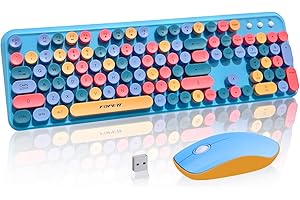 Cute Retro Wireless Keyboard and Mouse Combo, Colorful Typewriter Keyboard with Round Keycaps, 2.4GHz Multi-Color Hybrid Bubb