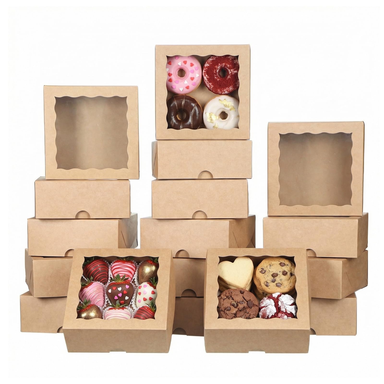 Photo 1 of 15pcs Cookie Boxes with Window, 6x6x2.5in Brown Bakery Boxes for Treats, Small Cake, Desserts, Donuts, Pastry