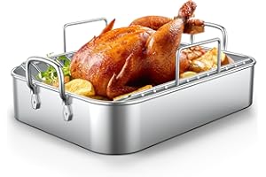 EWFEN Roasting Pan,17*13'' Stainless Steel Turkey Roaster with Rack - Deep Broiling Pan & V-shaped Rack & Flat Rack,Non-toxic & Heavy Duty,Great for Thanksgiving Christmas Roast Chicken Meat Lasagna