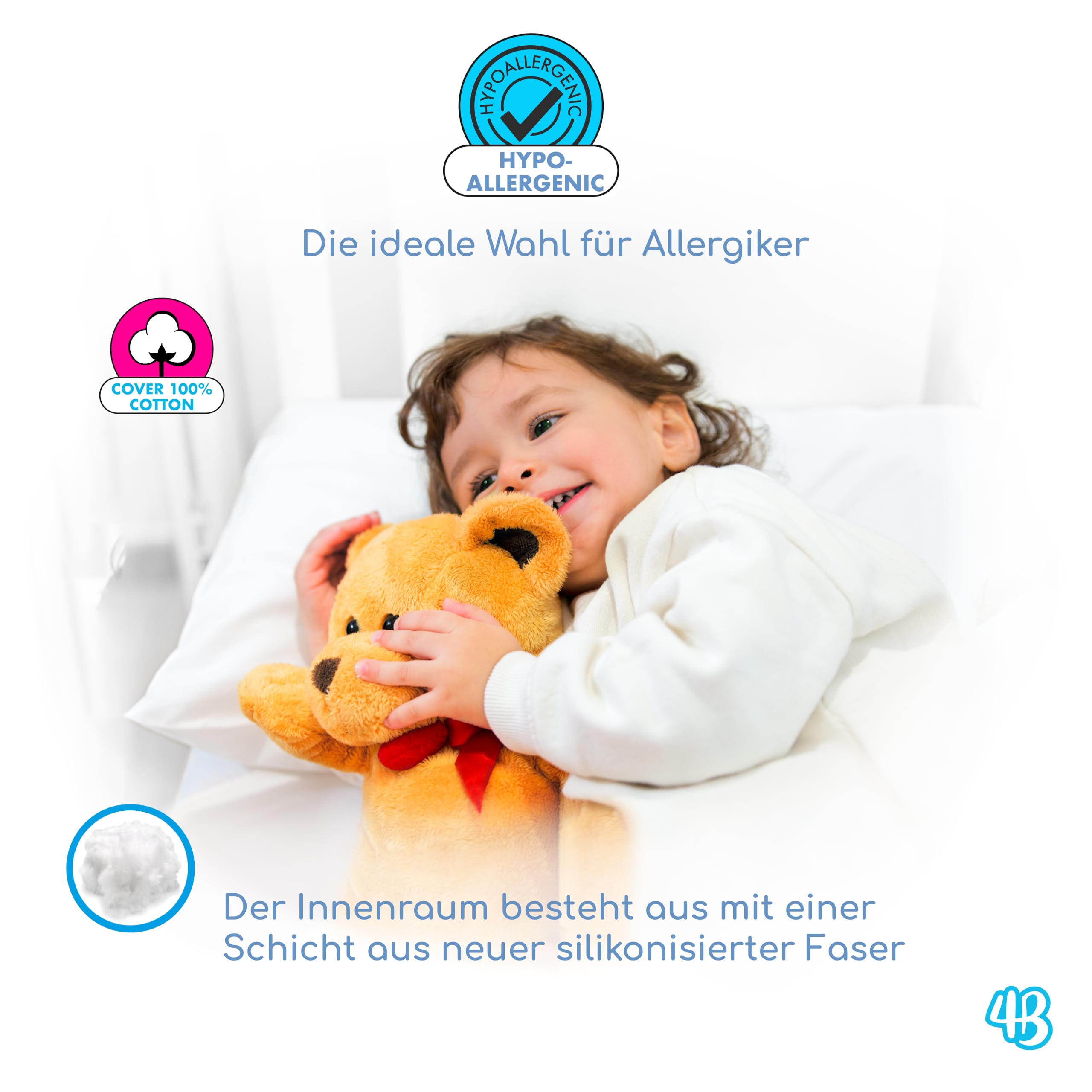 4BABIES - kinderkopfkissen 40x60, Baby Kissen ab 1 Jahr Atmungsaktiv, Antiallergisch mit Futter 100% italienische Baumwolle, Hypoallergen, Milbendicht 4