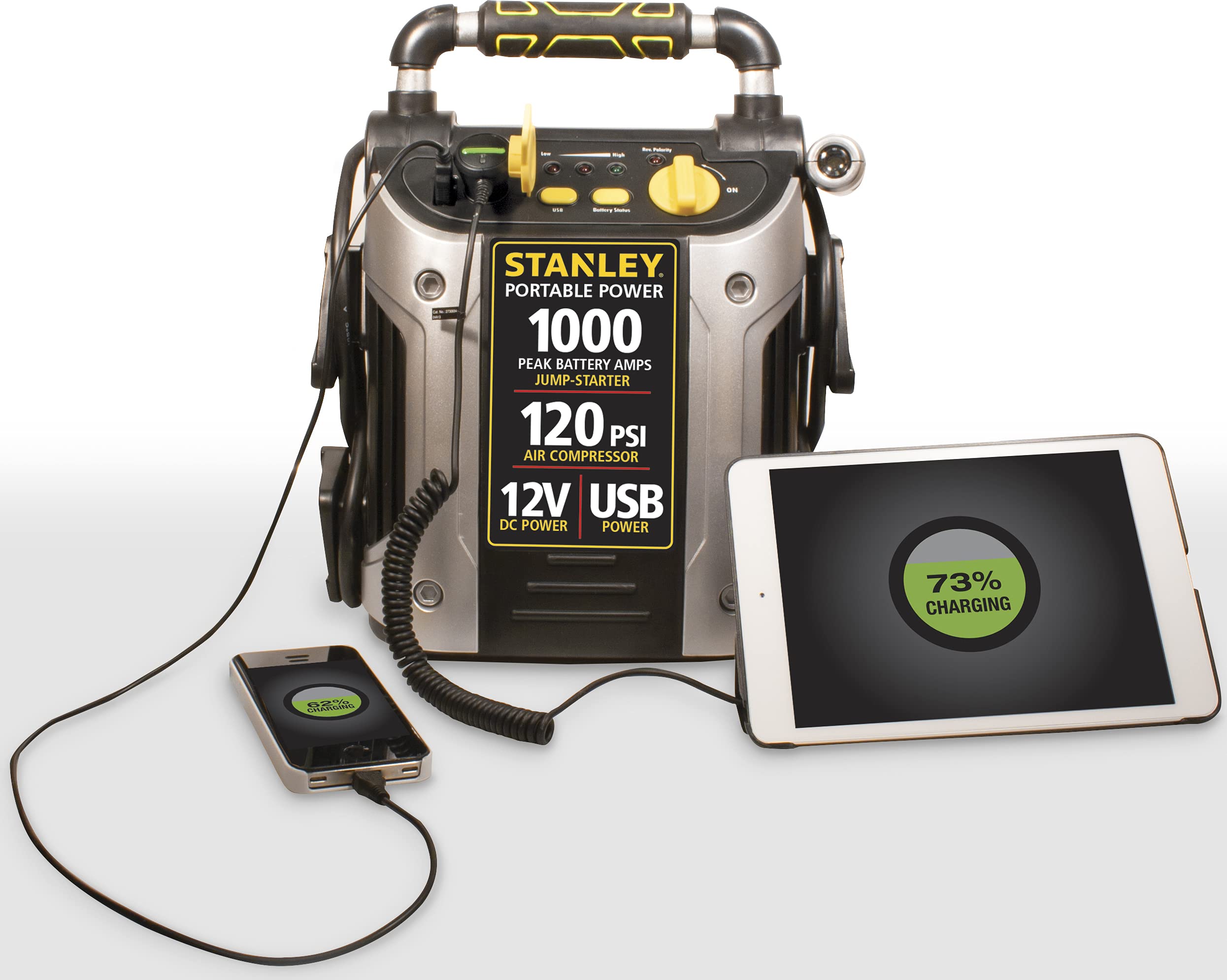 STANLEY J5C09 JUMPiT Portable Power Station Jump Starter: 1000 Peak/500 Instant Amps, 120 PSI Air Compressor, USB Port, Battery Clamps