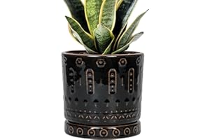 Eightpot Ceramic Plant Pots - 6 Inch Ceramic Planter for Indoor Outdoor, Round Flower Pots with Drainage Hole and Plant Saucer, Boho Decorative Small Planter, House Decor, Gifts for Gardeners, Black