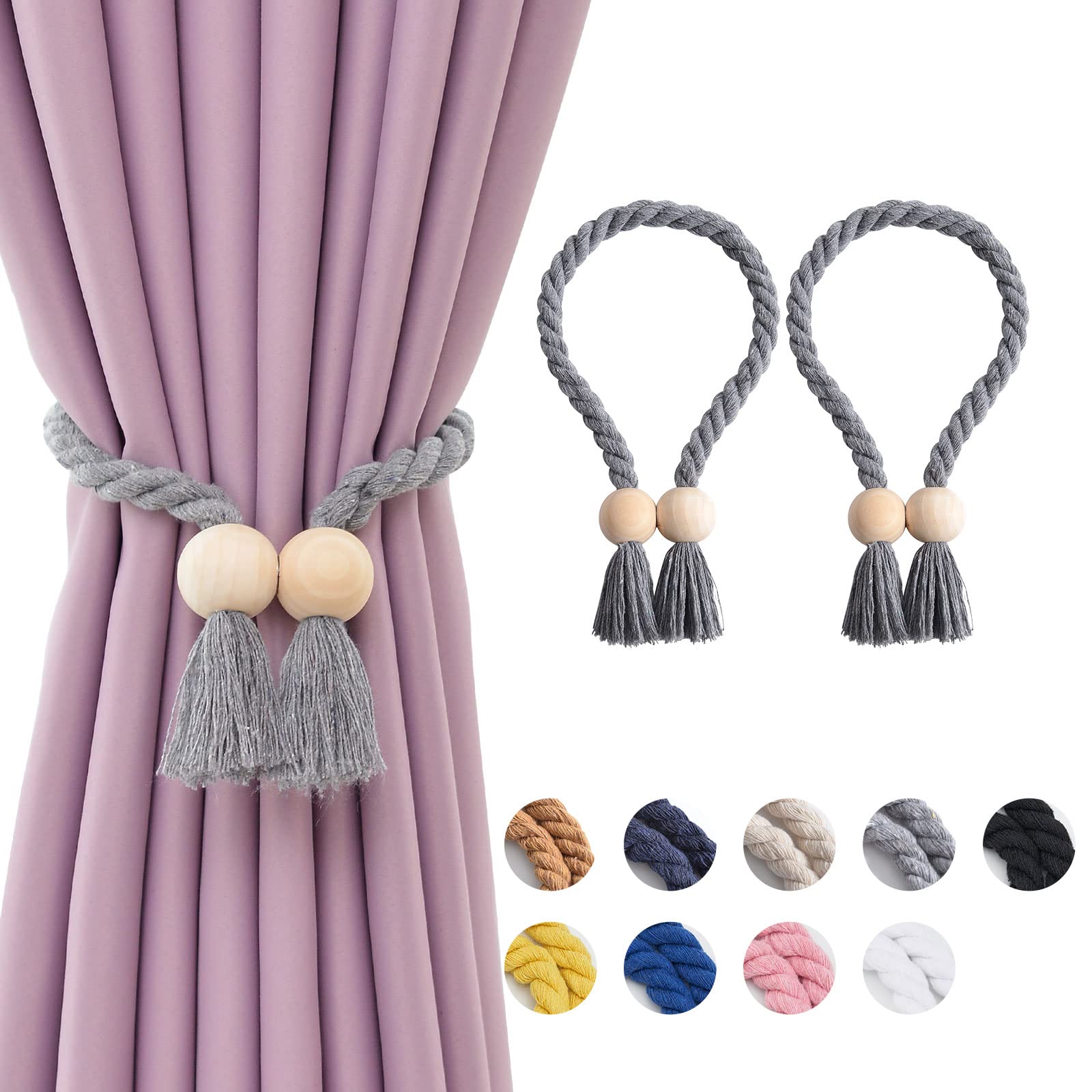 Pretty Jolly 2 Pack Wooden Ball Magnetic Curtain Tiebacks Boho Home Decor Drape Tie Backs Natural Cotton Hand Woven Rope Curtain Holdbacks for Thin & Thick Home & Office Window Draperies (Grey)