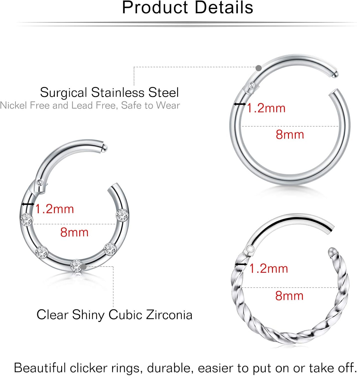 Mayhoop 3Pcs 16G=1.2mmx8mm Septum Rings Hoop Surgical Steel Silver Tragus Daith Helix Earrings Hinged Segment Clicker Rings Lip Rings Piercing Jewellery - Image 3