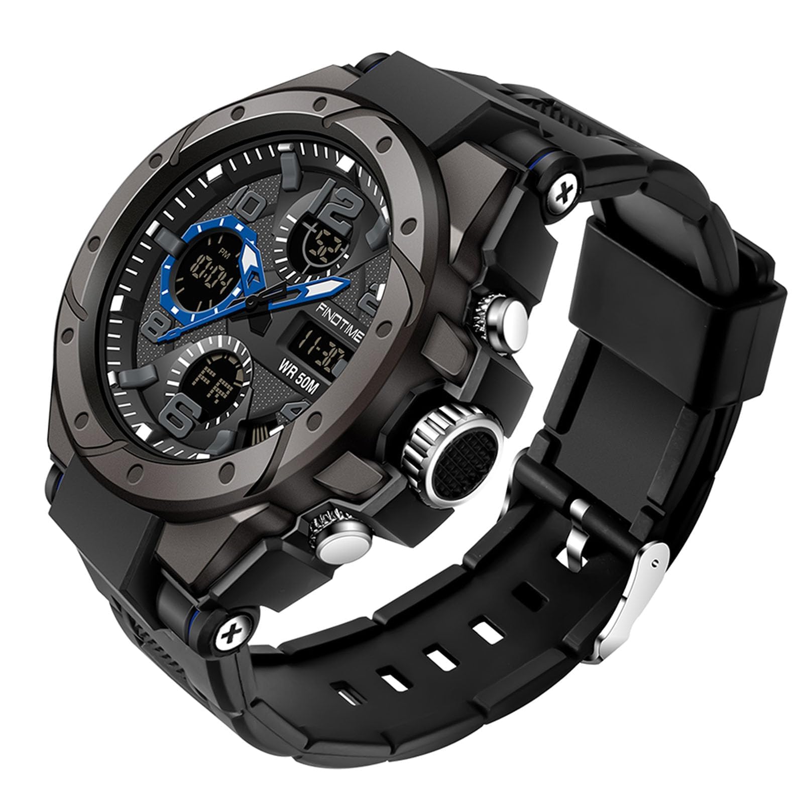 findtime Men's Military Tactical Sports Watches Large Face Alarm Stopwatch Dual Time LED Backlight Waterproof Wristwatch Outdoor Digital Analog Multifunctional Watch for Men