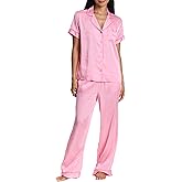 bebe Women's Silky Satin Pajama Set, Button Down Short Sleeve Sleepwear Valentines Gifts for Her