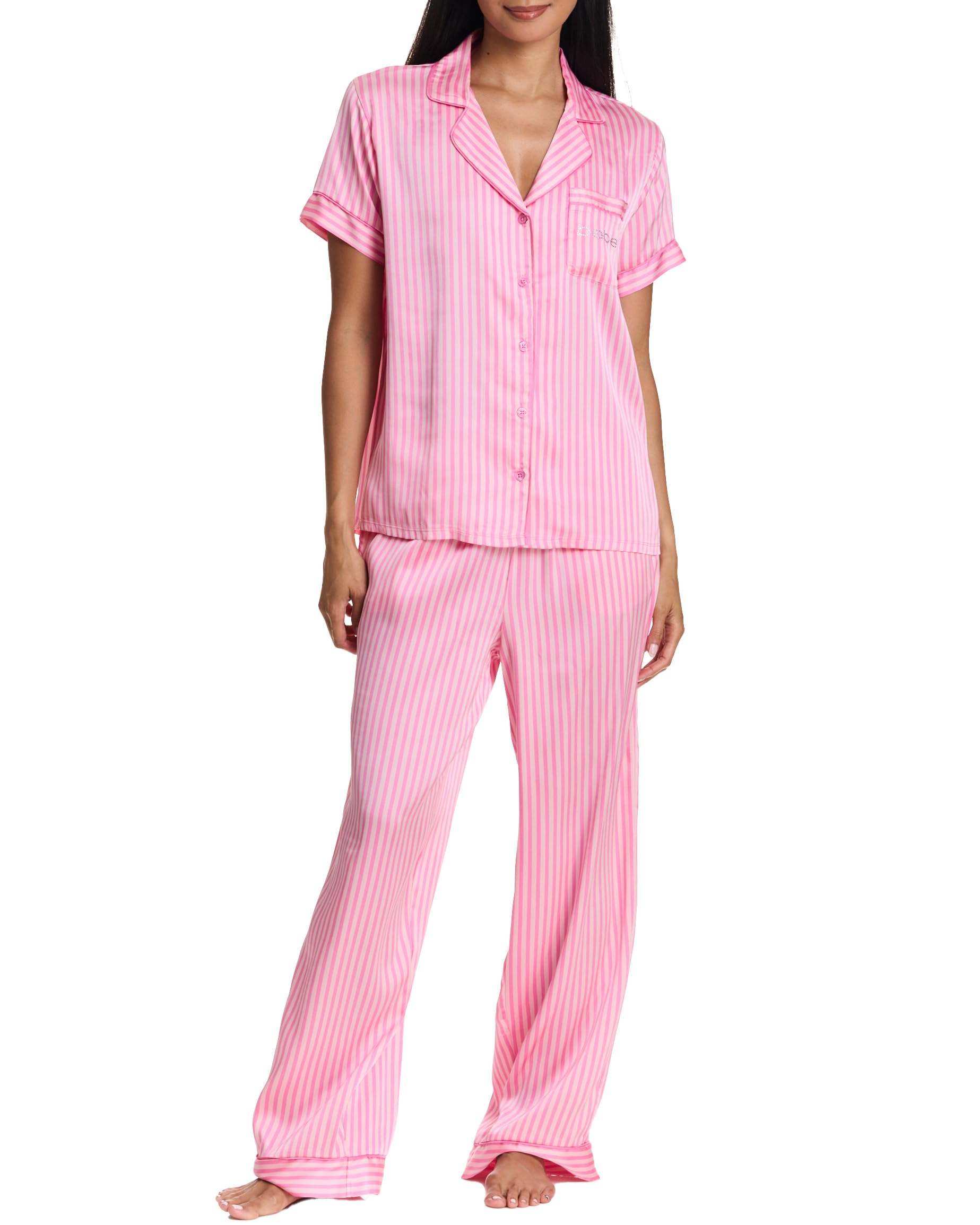 bebe Women's Silky Satin Pajama Set, Button Down Short Sleeve Sleepwear Valentines Gifts for Her (Aurora Pink, Large)