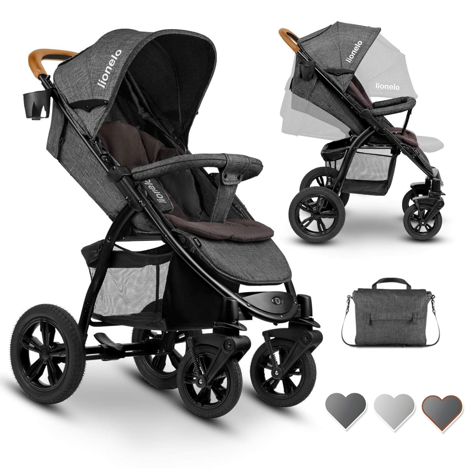 Lionelo Annet Tour Buggy mit Liegeposition Kinderwagen klein zusammenklappbar Sitzauflage Elterntasche Vollgummiräder Moskitonetz Getränkehalter Korb (mit Handgriff in Braun)