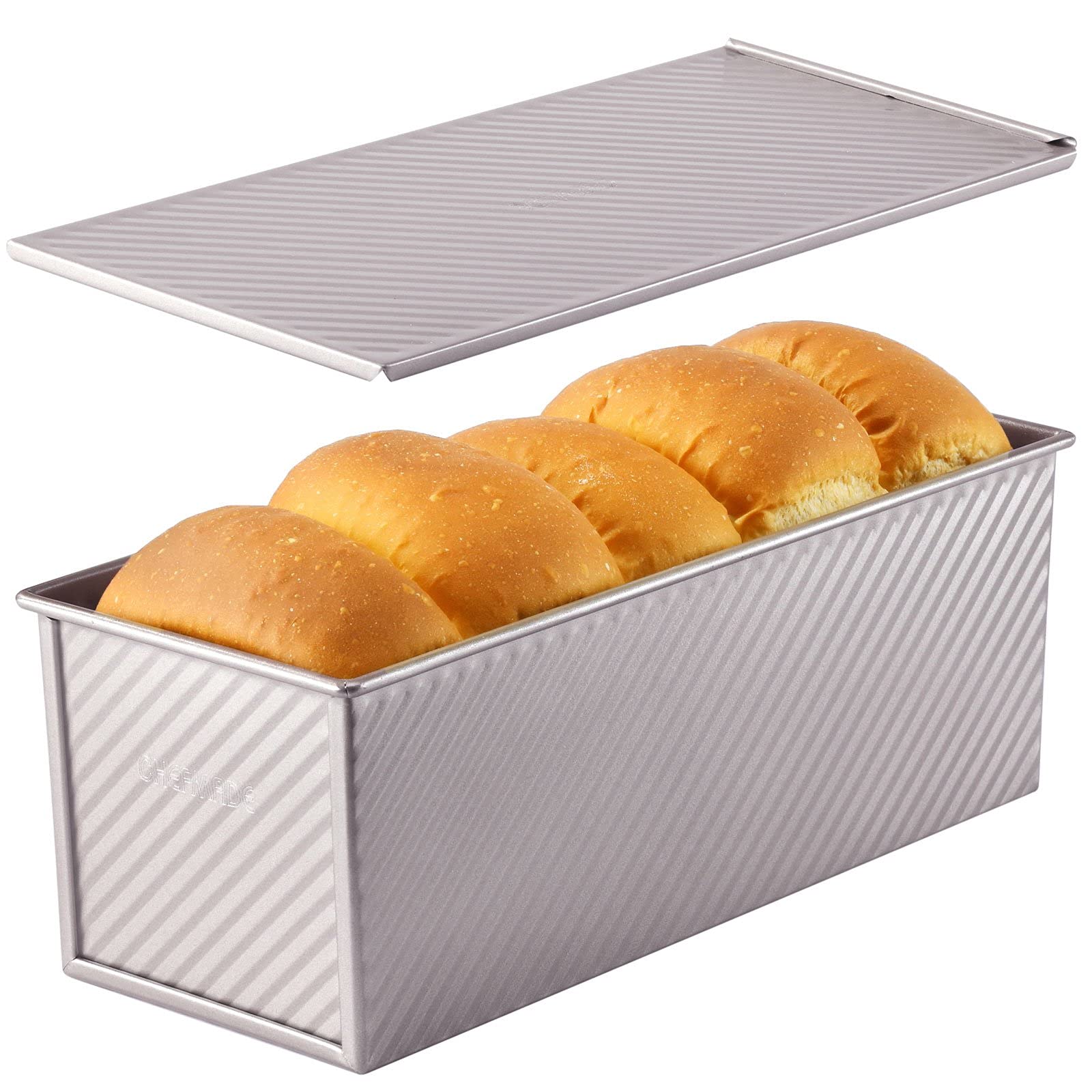 CHEFMADE Commercial Pullman Loaf Pan with Lip, 2.2Lb Dough Capacity Non-Stick Rectangle Corrugated Toast Box for Oven Baking 4.8" x 12.8"x 4.7" (Champagne Gold)