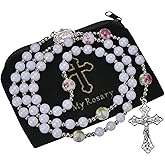 8mm Purple Pearl Beads Catholic Rosary Glass Beaded Acrylic String Necklace White Ceramics Bead Rosary Miraculous Medal Crucifix Cross Gift for Women Girls