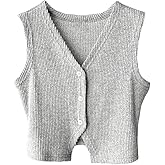SweatyRocks Girl's Button Up Sweater Vest Sleeveless V Neck Casual Ribbed Knit Tops