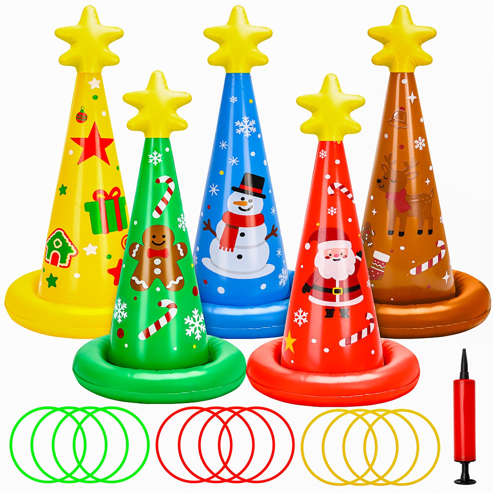 Photo 1 of 5 Pack Inflatable Christmas Ring Toss Game Set Holiday Party Supplies Indoor Outdoor Family Christmas Games for Kids Adults Xmas Party Decorations Carnival Games with Toss Rings and Pump