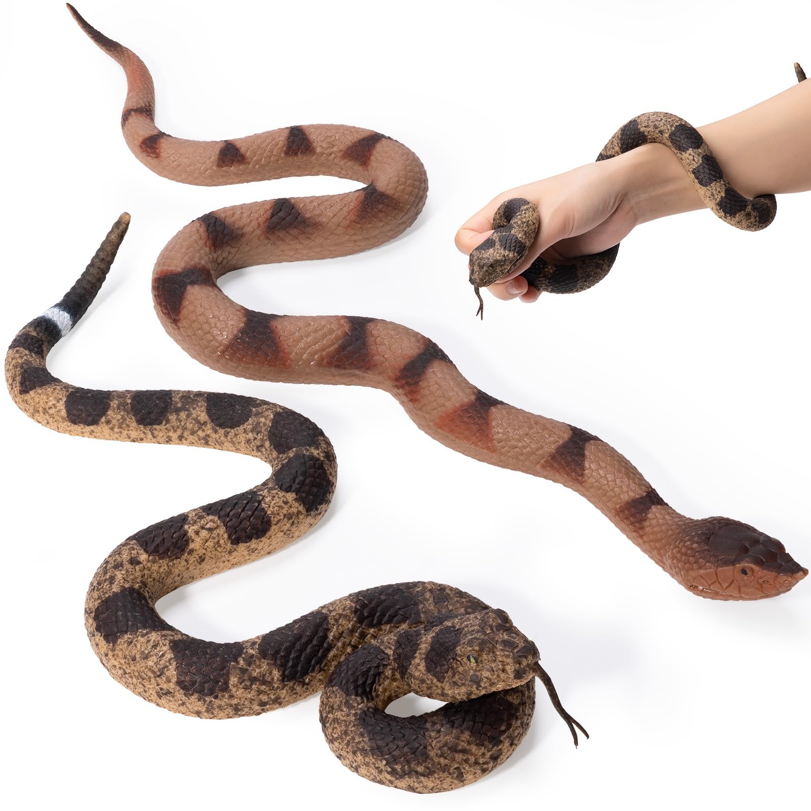 DWQEKD 2Pcs Realistic Fake Snakes Toy for Pranks, Lifelike Rubber Snake Keep Birds and Squirrels Away, Rattlesnake Prop for Halloween, Outdoor Yard Decoration