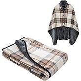 forestfish Fleece Wearable Blanket, Plaid Lap Blanket Comfy Poncho Throw with Buttons for Bed Sofa Office, Mocha