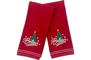 Serafina Home Christmas Bathroom Red Towels,Set of 2, Luxury 100% Cotton Hand Towels, Embroidered Believe (25" x 16" Inch) Seasonal Holiday Decor for Kitchen or Bath