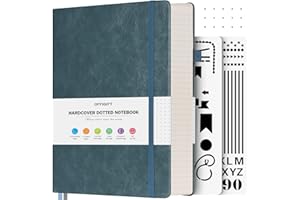 OFFIGIFT Bullet Dotted Journal Notebook, 312 Numbered Pages A5 Hardcover Leather Journal, 100gsm No Bleed Paper Dot Grid Notebook with Index Pages, Dot Journal for Women Men, 5.75" x 8.38", Grey Blue