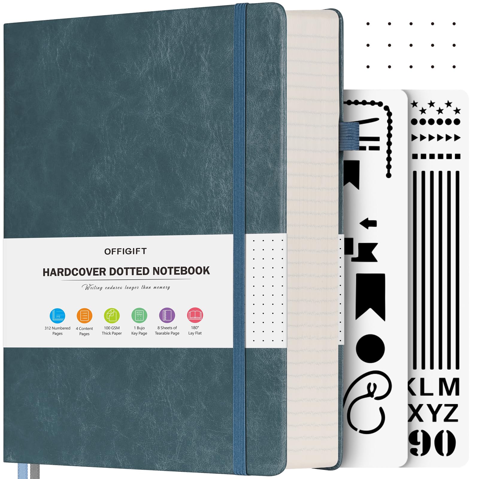 OFFIGIFT Dotted Notebook A5, 312 Numbered Pages Hardback Leather Notebook, 100gsm No Bleed Paper Dot Grid Notebook with Index Pages, Dotted Journal for Bullet Journaling, 14.5 x 21.5cm, Grey Blue — image 1