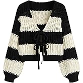 CIDER Striped Sweater Women V Neck Tie Front Knit Cardigan Oversized Trendy Sweaters for Women Fall