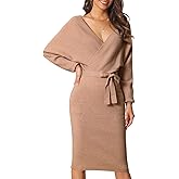 Seta T Women's V Neck Sweater Dress Batwing Sleeve Wrap Backless Knit Fall Midi Dress with Belted
