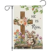 Girlly He Is Risen Easter Garden Flag Double Sided 12x18 Inch, Easter Religious Cross Bunnies Flowers Sign，Welcome Yard Flag Banner House Farmhouse Outdoor Decor Burlap