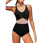 Girls Swimsuit Criss Cross Cutout One Piece Bathing Suit Color Block V Neck Back Tie Swimwear 9-16Y