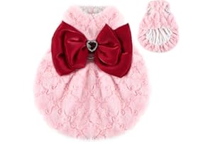 Couner Cat Clothes,Faux Fur Cat Sweater Dress with Snap-on Closure for Small Pet,Princess Style Puppy Dress Winter Soft Fleece with Bowtie for Dogs and Cats(Pink, Medium)