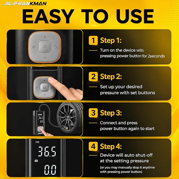 JILIFRANKMAN AU08 PRO 12V 135W 40L/MIN CORDLESS TIRE INFLATOR FOR CAR TIRES WITH DIGITAL PRESSURE GAUGE, LED LIGHT AND AUTO SHUT-OFF FUNCTION – PICKUP TRUCK,SUV，CAR, MOTORCYCLE, BICYCLE, BALL