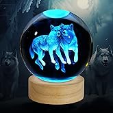 ZXBLAQ 3D Wolf Crystal Ball Night Light - 3.15 Inch Glass Lamp With 16 Color LED Wooden Base, Statue Decor for Birthday, Holiday, Christmas Gifts