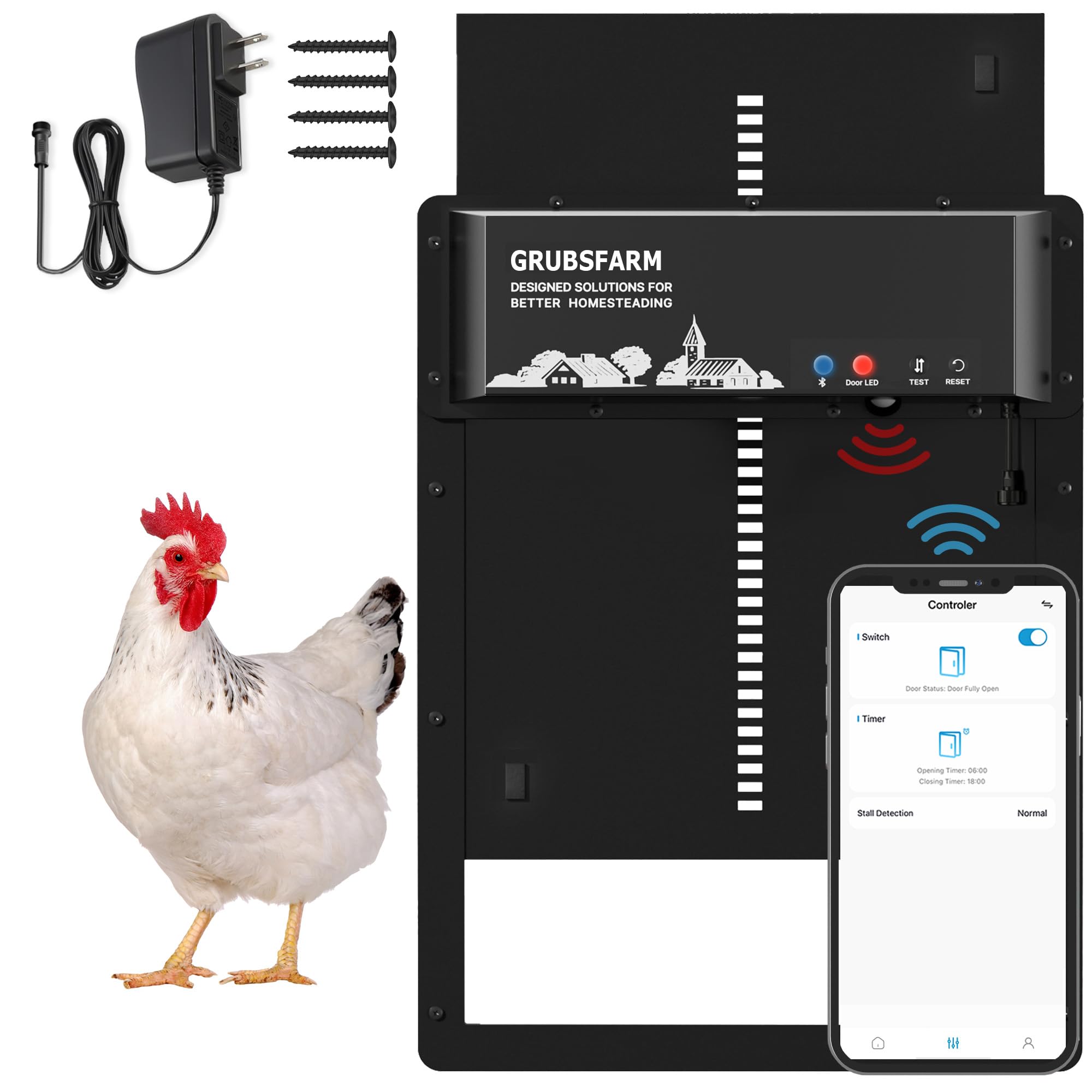 Photo 1 of GRUBSFARM Automatic Chicken Coop Door - Programmable with App Timer, Solar/Battery/Grid Powered, Multi Anti-Pinch - Resistance Detection & Motion Sensor, Plug & Play Electric Door, Weatherproof