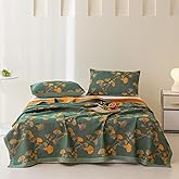 Purefair 100% Cotton Jacquard Quilt Floral Ginkgo Leaves Print,Soft Muslin Bed Cover 3 Layers Reversible Bedspread Coverlet Breathable Lightweight Bedding,Full/Queen(78"x94"), No Pillow Sham