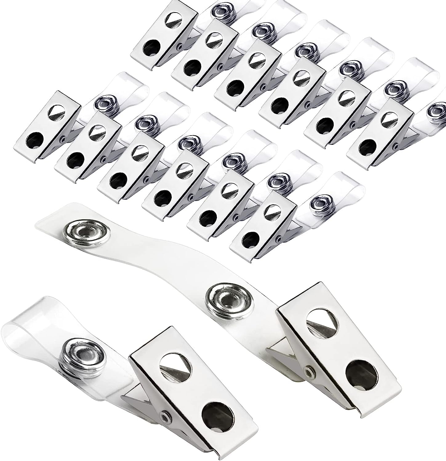 Photo 1 of 30Pcs Metal Badge Clips with Clear PVC Straps, Premium Double Hole Metal Badge Clips for ID Cards, Badge Holders, Name Tags Work Badges