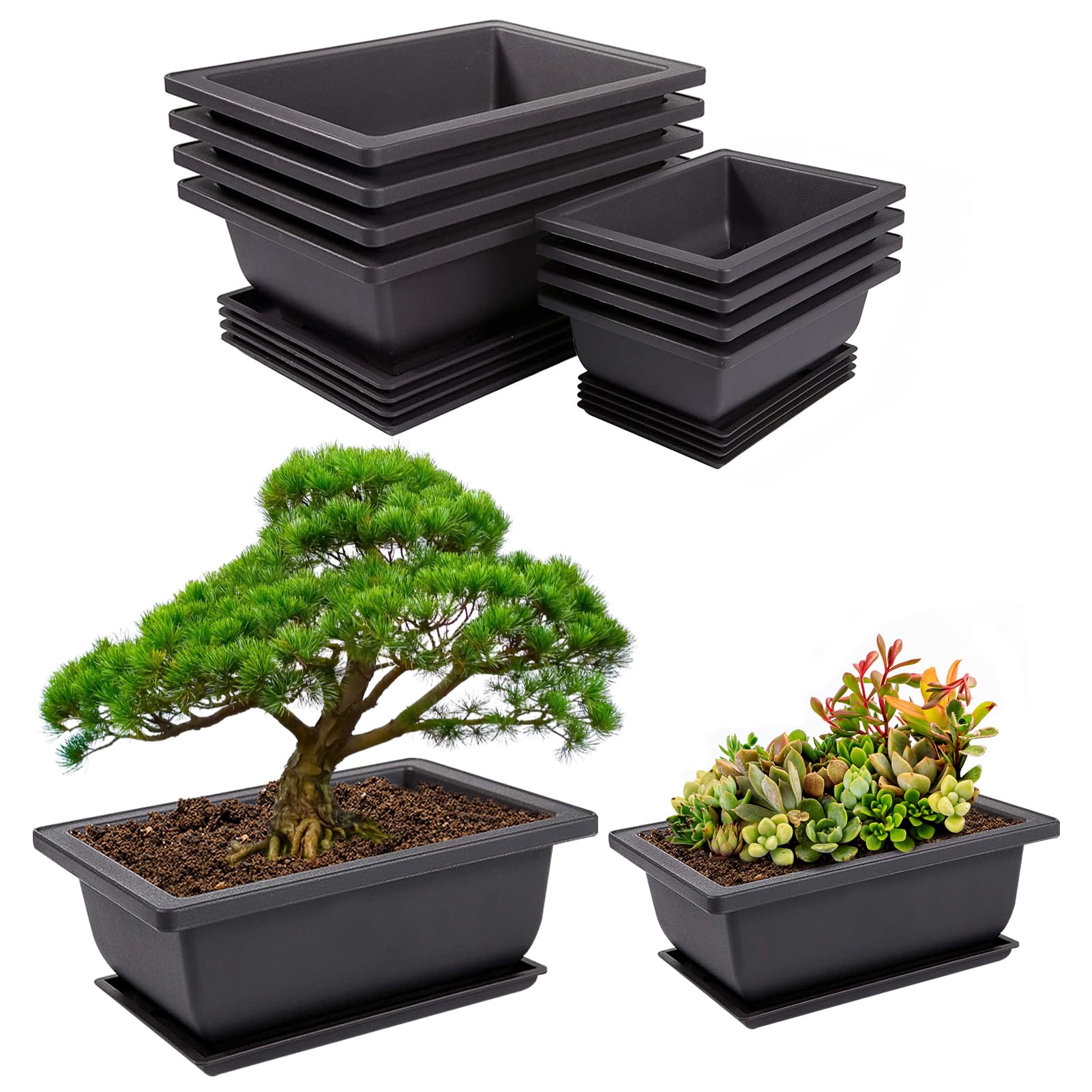 8 Packs Bonsai Training Pot with Humidity Tray - 6.5inch & 8.9inch Small Bonsai Tree Pots Kit, Plastic Plants Growing Planter with Drainage Tray, Indoor Decor Garden Yard