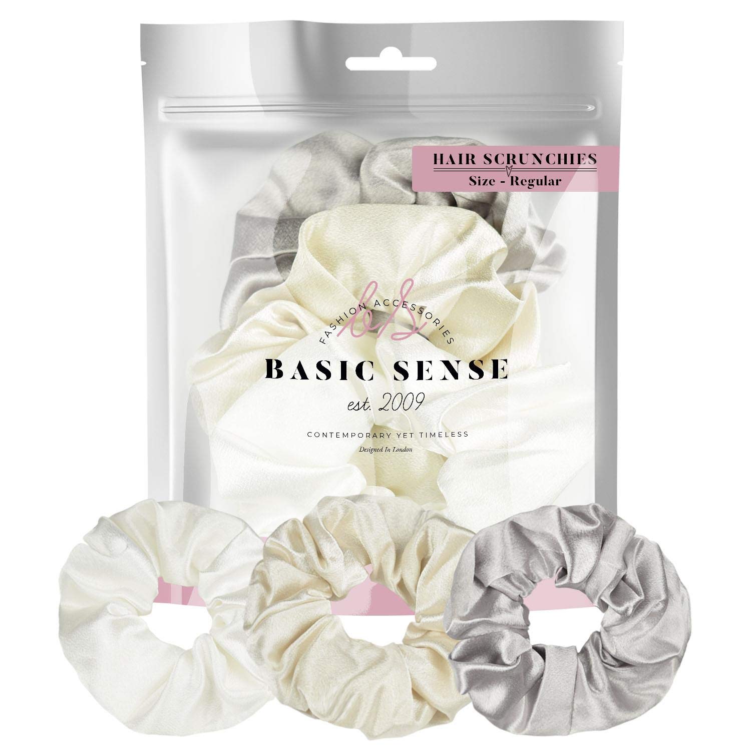 Luxurious Shimmering Hair Satin Scrunchies for Women Updo Ponytail Holder Ties Bands Elastic Bobbles Traceless Scrunchy, A set of 3pcs, White Silver Assortment