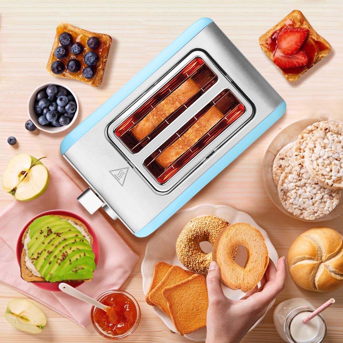 MKG 2 Slice Toaster, Stainless Steel Bagel Toaster with Extra Wide Slots, 6 Shade Settings, Bagel/Defrost/Cancel Function, Removable Crumb Tray, High Lift Lever, Blue