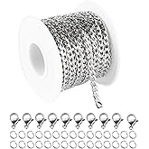 YOUBEIYEE 33 Feet Silver Stainless Steel Chain Link Curb Cuban Chains Spool Bulk with Jump Rings Lobster Clasps for DIY Jewelry Making Necklaces Chokers Findings Bracelets Anklets