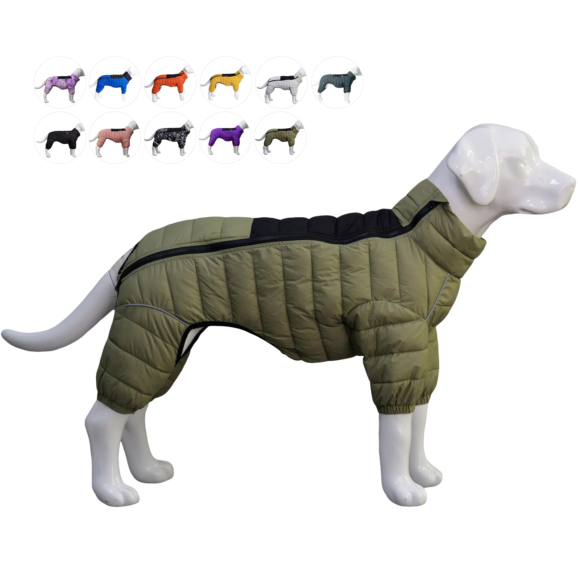 Olive Green Dog Jacket, 4-Legs Covered, Waterproof & Windproof, Reflective, Adjustable Zipper, Outdoor Snow Jacket for Small to Large Dogs