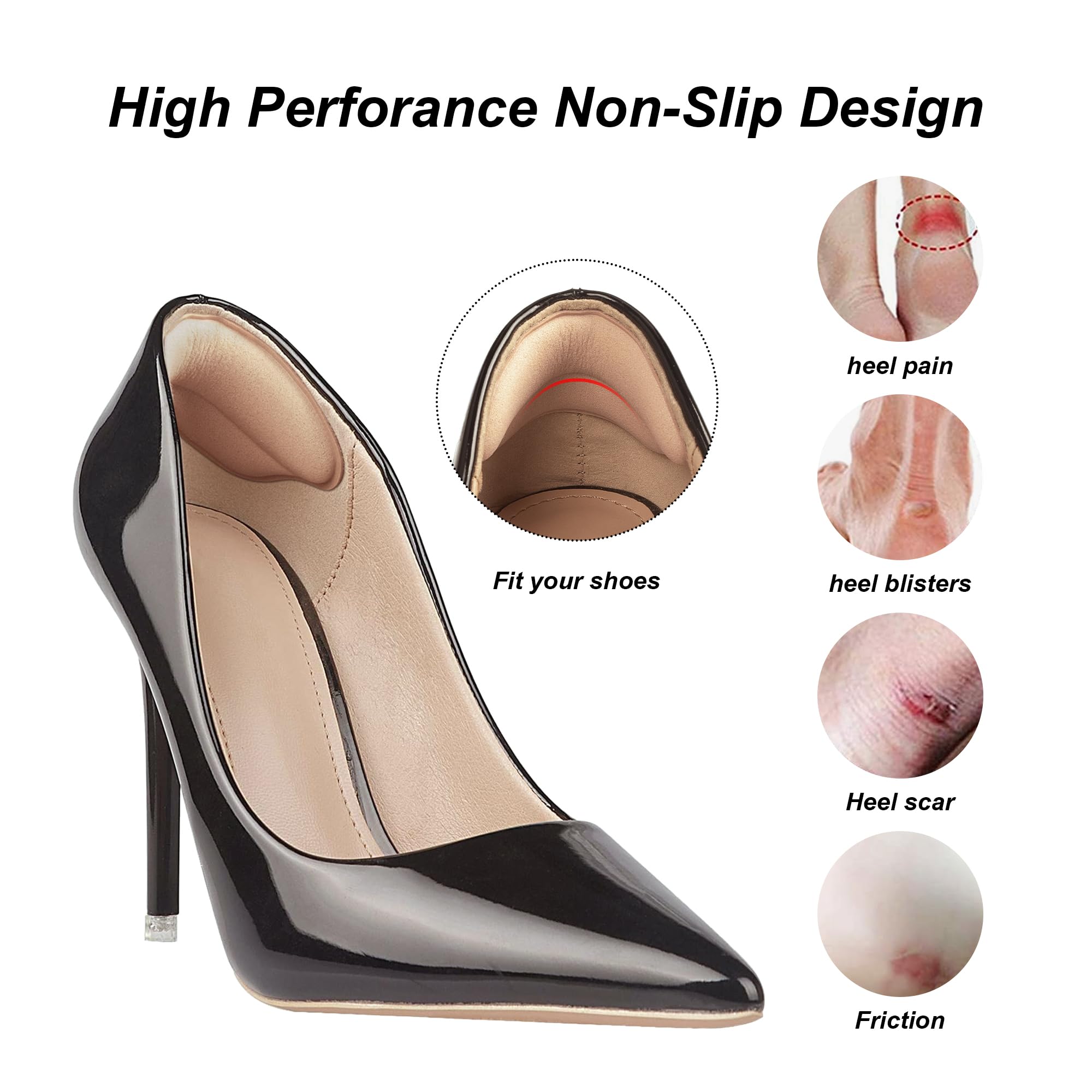 MATIE FIX Heel Grips Liner Cushions Inserts for Loose Shoes, Heel Pads Snugs for Shoe Too Big Men Women, Filler Improved Shoe Fit and Comfort, Stop Heel Slip and Blister (4 Pairs) (H Pale Apricot+Black)