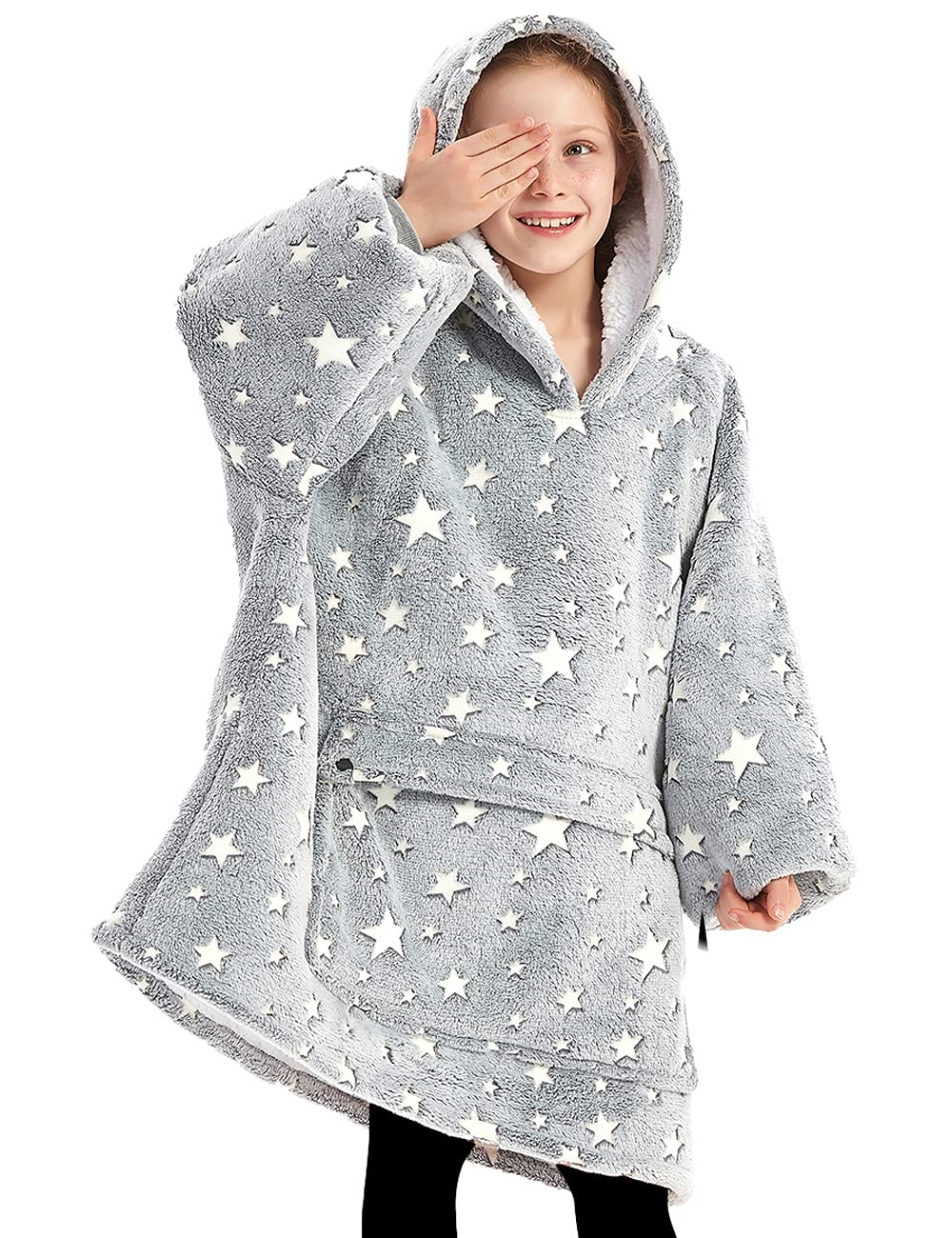 Wearable Blanket Hoodie for Kids Sherpa Patterns Oversized Sweatshirt Blanket with Pocket 6-10YR