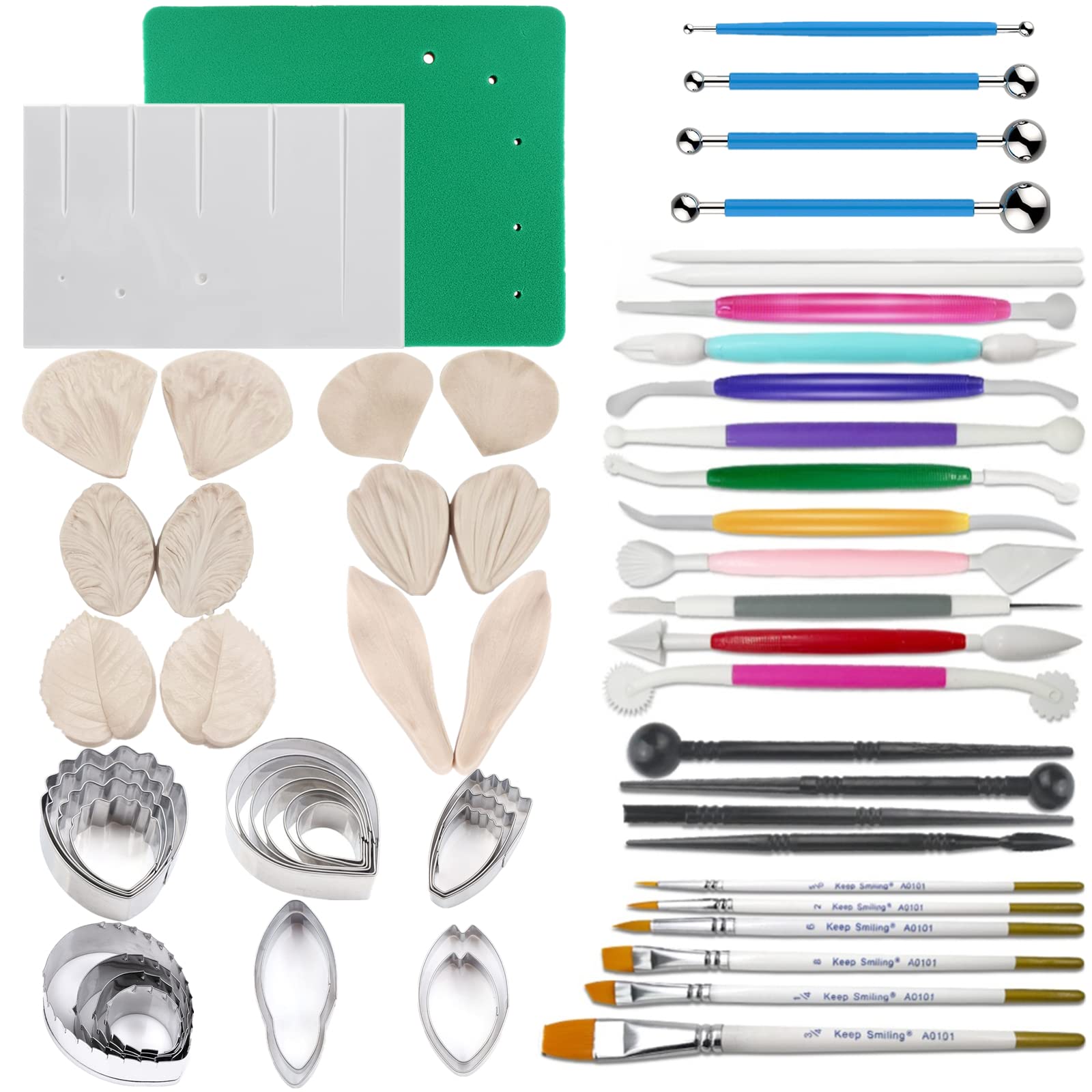 60pcs Gumpaste Flower and Leaf Tool Kit 6set Fondant Flower Silicone Molds 6set Gum Paste Flower Cutter 20pcs Sugar Paste Modelling Tool 6pcs Brushes 1pcs Petal Leaves Veining Board 1 Flower Foam Pad