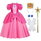 AmzMach Princess Peach Costume for Girls Classic Pink Dress Cosplay Halloween Party Dress Up Kids Birthday Outfit 3-12 Years