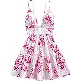 MakeMeChic Women's Summer Floral Cami Dress Backless Cut Out Ruffle Hem A Line Mini Dresses Sundress