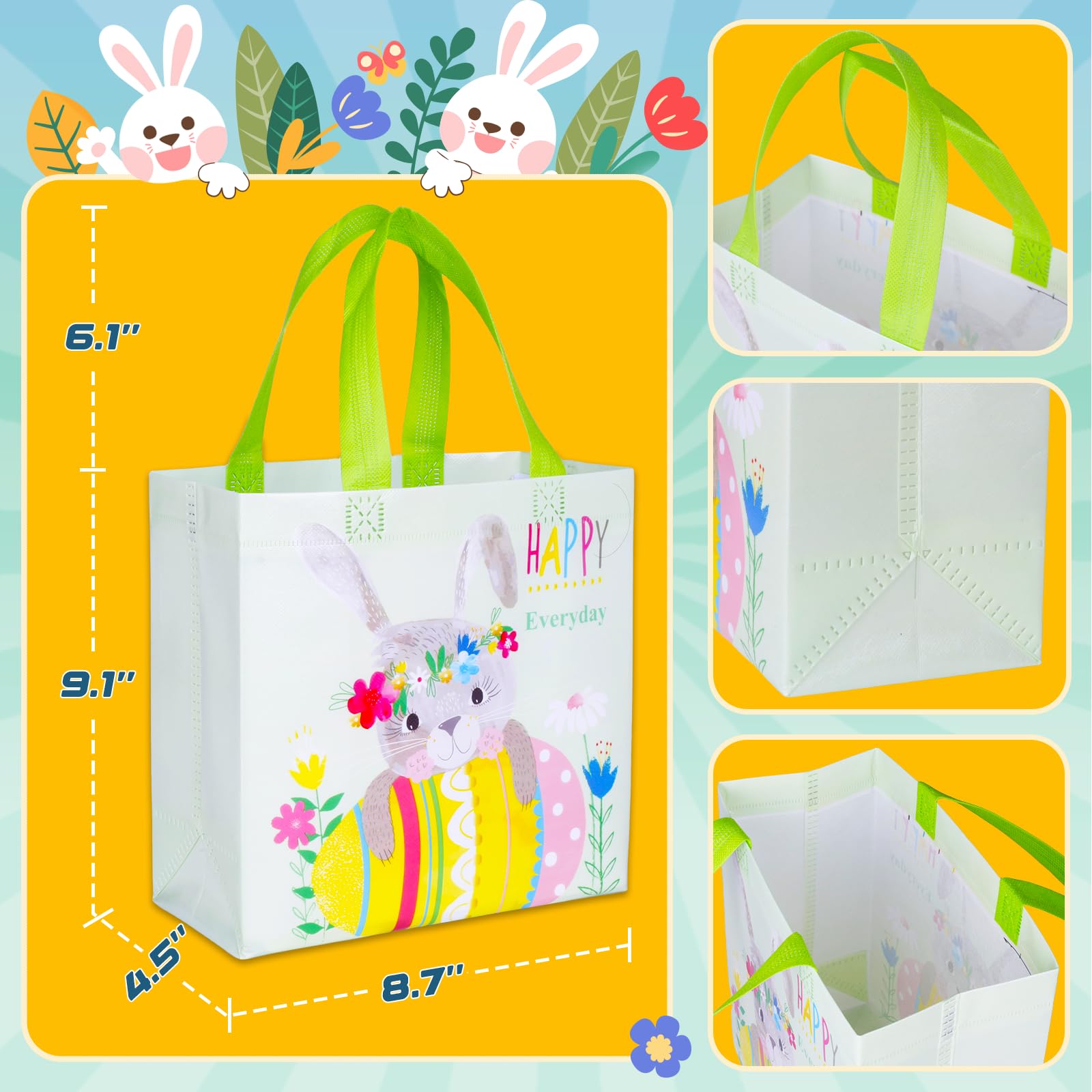 Happy Easter Gift Bags with Handles, Bunny Carrot Chick Designs, Reusable Non-Woven Treat Bags for Party Favors, Gift Wrapping, Easter Basket Container, 9.1×8.7×4.5 inch, 6-Pack