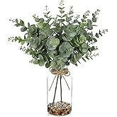Hollyone Artificial Eucalyptus Stems in Glass Vase with Faux Water and Stones, 14.6" Fake Plants Eucalyptus Leaves with Seeds Branch for Indoor Shelf Desk Home Bathroom Wedding Table Centerpiece Decor