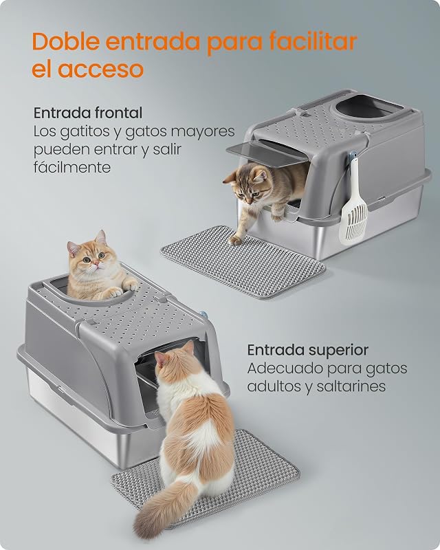 Areia para gatos, aço inoxidável para gatos com tampa rebatível, cinzento-pomba