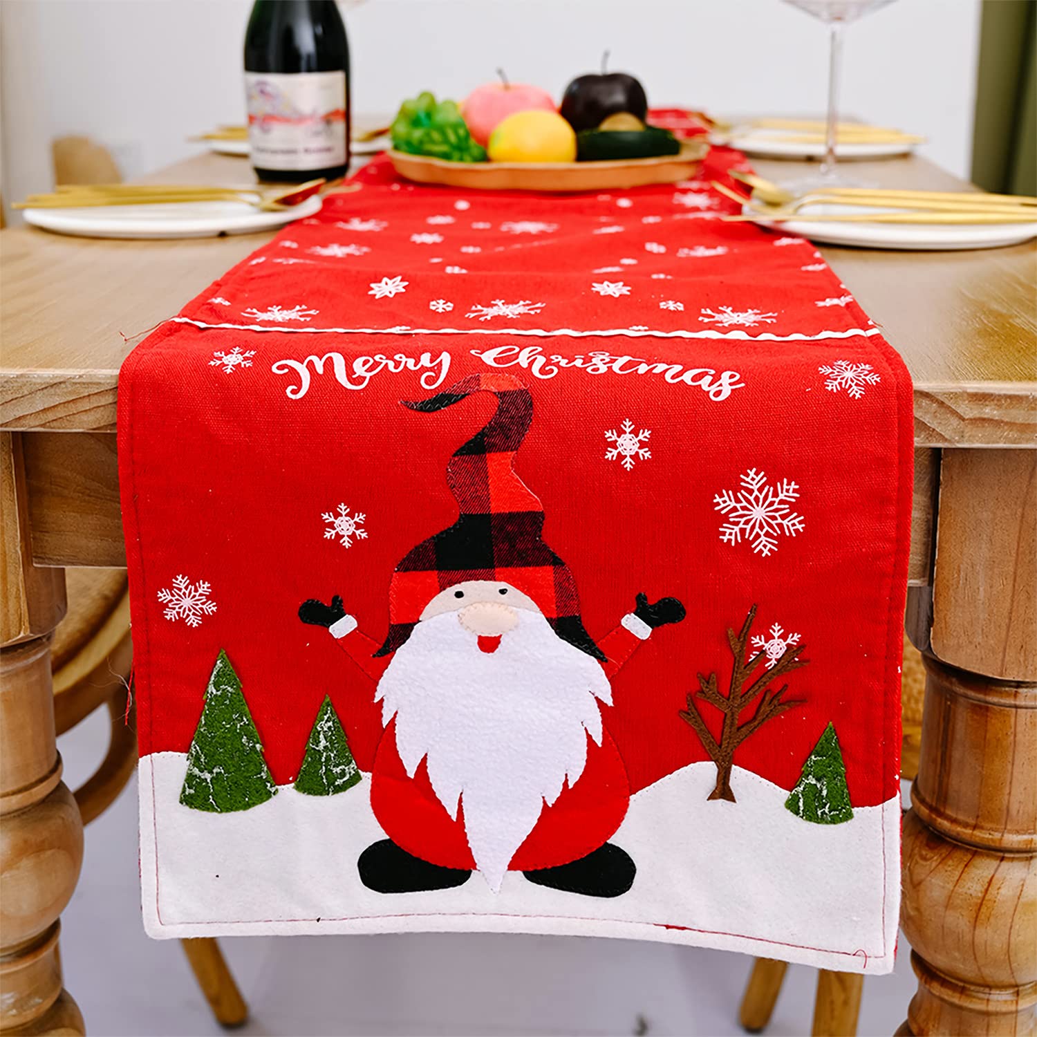 Lurowo Christmas Table Runner, Table Linens for Christmas with Elk Santa Gnome Pattern, Christmas Runner for Table for Home Decor Dining Tables Decorations